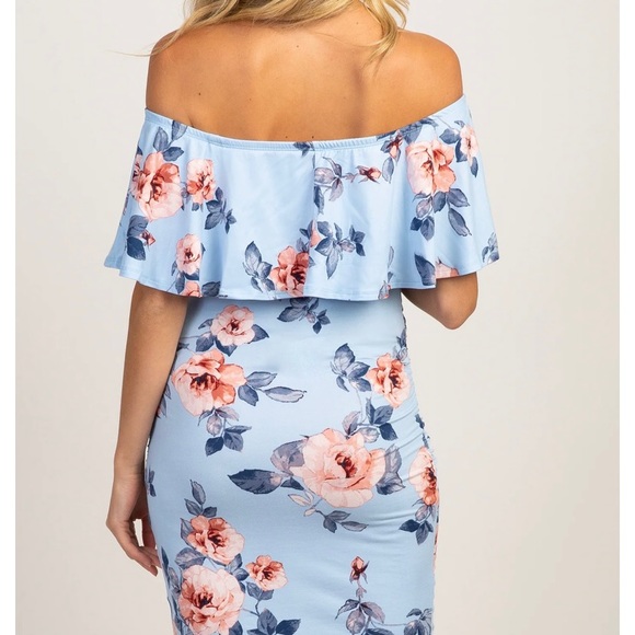 Light Blue Rose Print Ruffle Fitted Maternity Dress - Picture 3 of 5